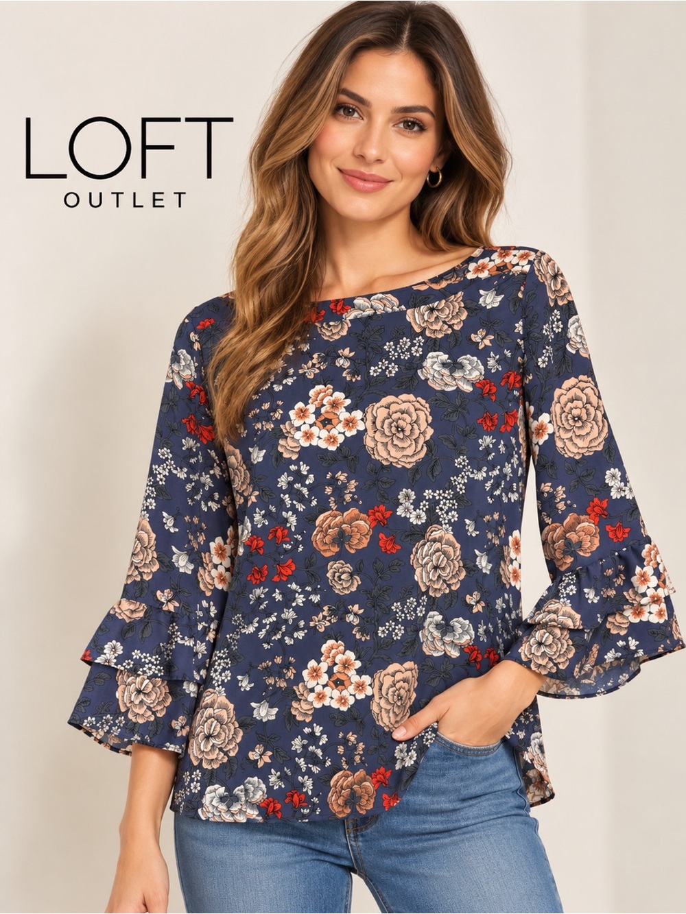 LOFT Women's Floral Ruffle Bell Sleeve Blouse Navy Blue Size S